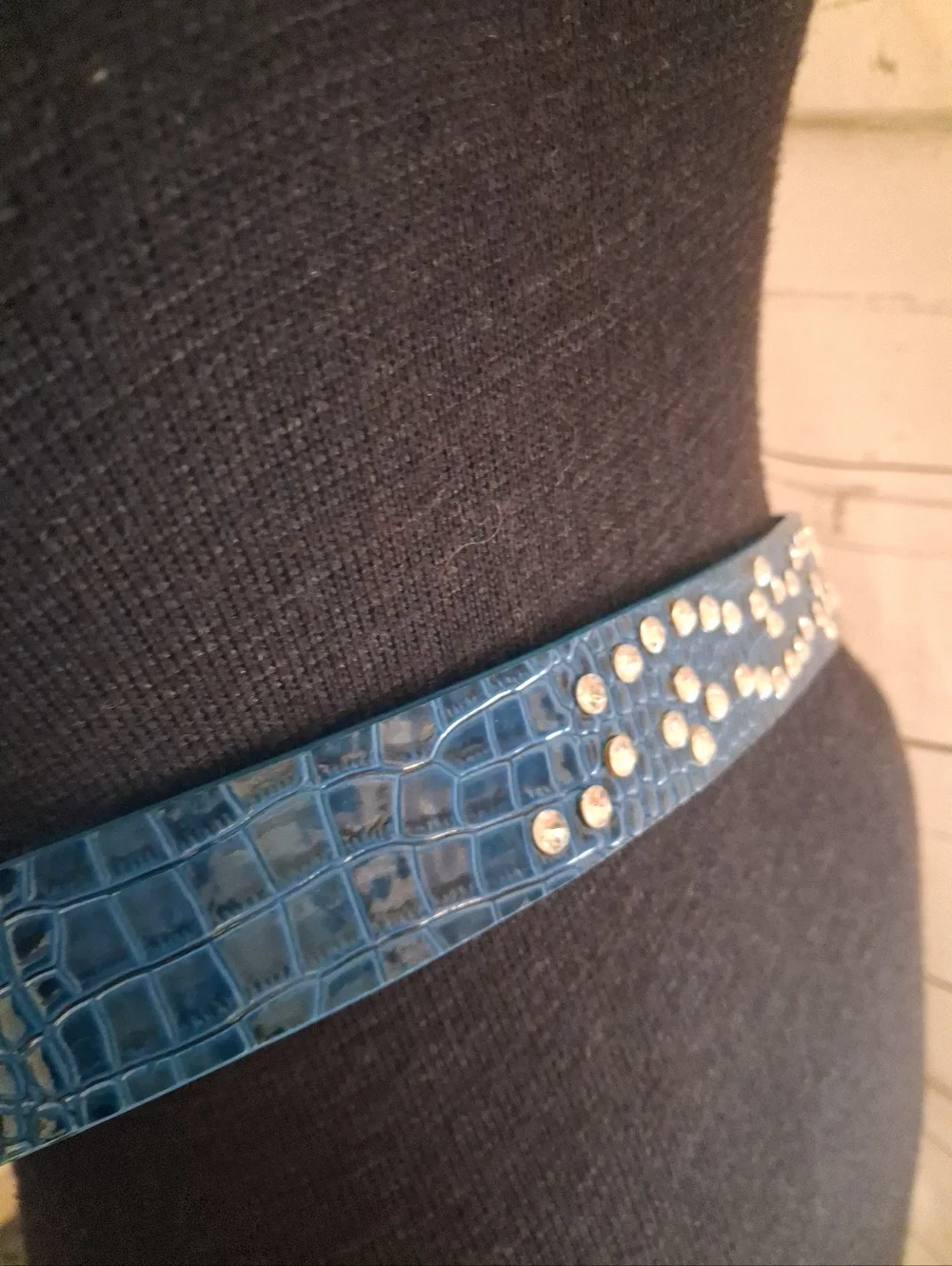 Blue Croc-Embossed Faux Leather Rhinestone Western Belt 33 To 38 Inches